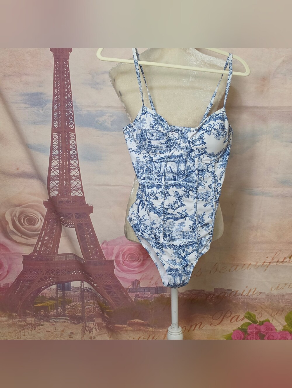 Blue & White Toile Bustier One-Piece Bodysuit Sz S